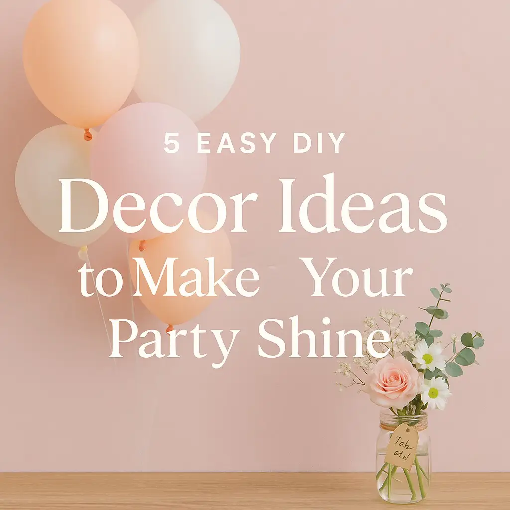 Blog cover image with pastel balloons and a mason jar of flowers on a wooden surface, featuring the title “5 Easy DIY Decor Ideas to Make Your Party Shine” — perfect for a creative party styling blog.