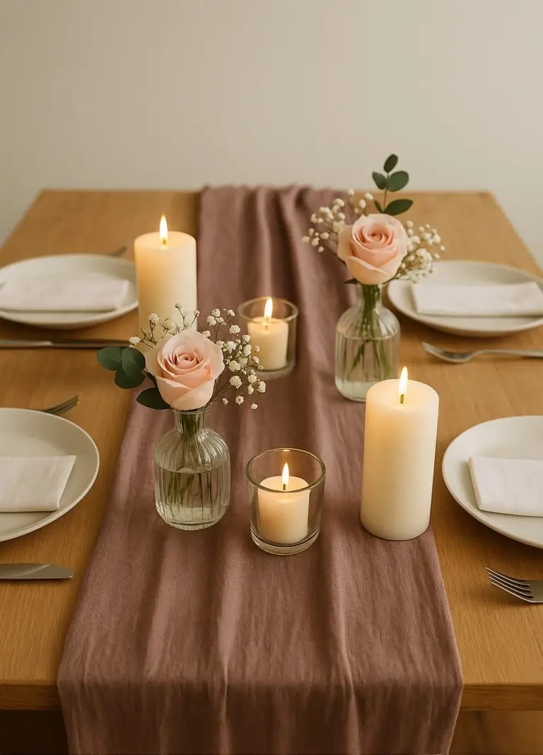 Wooden table styled with a mauve fabric table runner, ivory candles, pink rose bud vases, and minimalist tableware — an easy DIY decor idea for bridal showers, birthdays, or dinner parties.