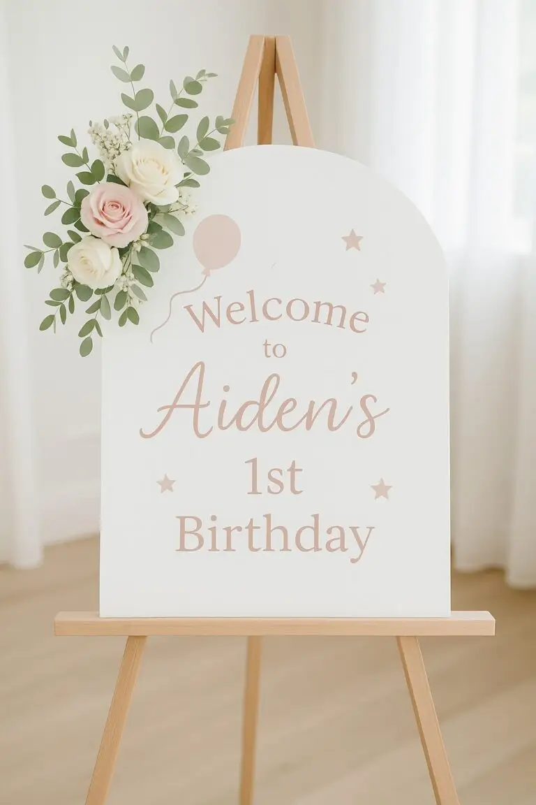 Personalised welcome sign on wooden easel with blush pink lettering reading "Welcome to Aiden’s 1st Birthday", decorated with a floral arrangement of pink and white roses, ideal for party decor inspiration.