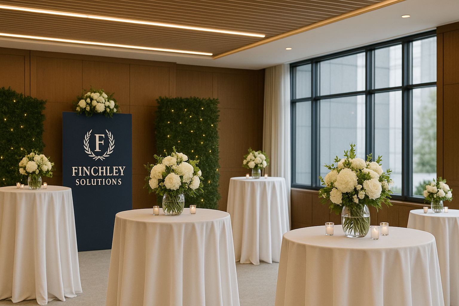 Luxury corporate event decor featuring white floral centrepieces, cocktail tables with white linens, and a branded Finchley Solutions backdrop.
