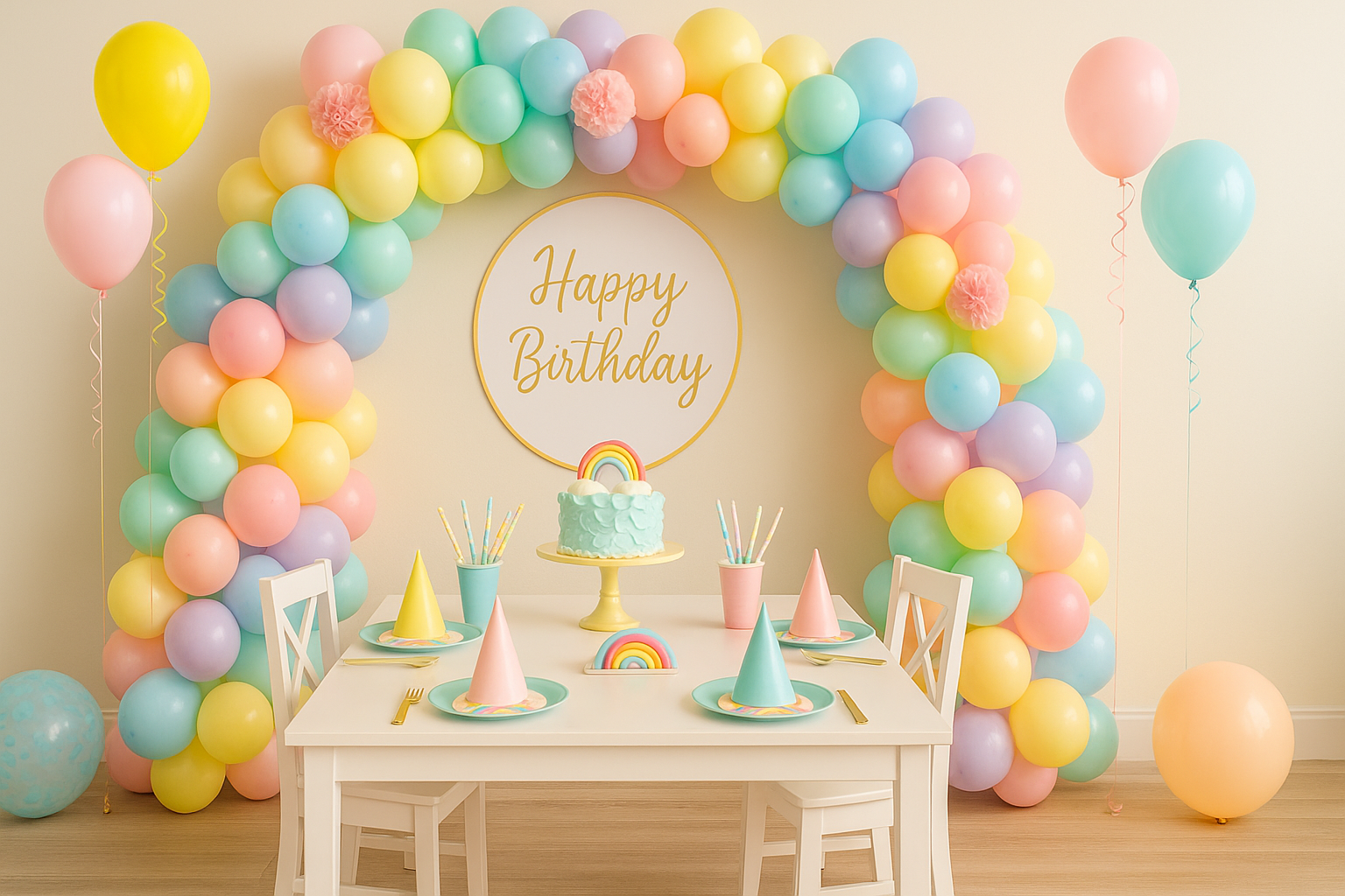 Luxury children's birthday party setup featuring pastel balloon arch, rainbow-themed cake, and elegant table styling.