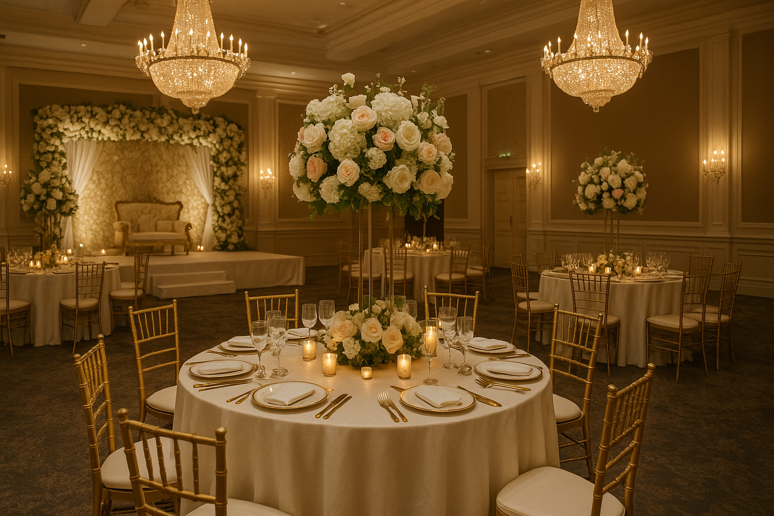 Opulent event setup featuring gold Chiavari chairs, grand floral centrepieces, crystal chandeliers, and a lavish stage with a floral backdrop.