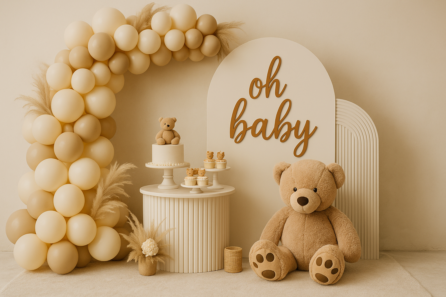 Elegant teddy bear-themed event setup featuring cream and beige balloon garlands, a plush teddy bear, dried florals, and a dessert table.