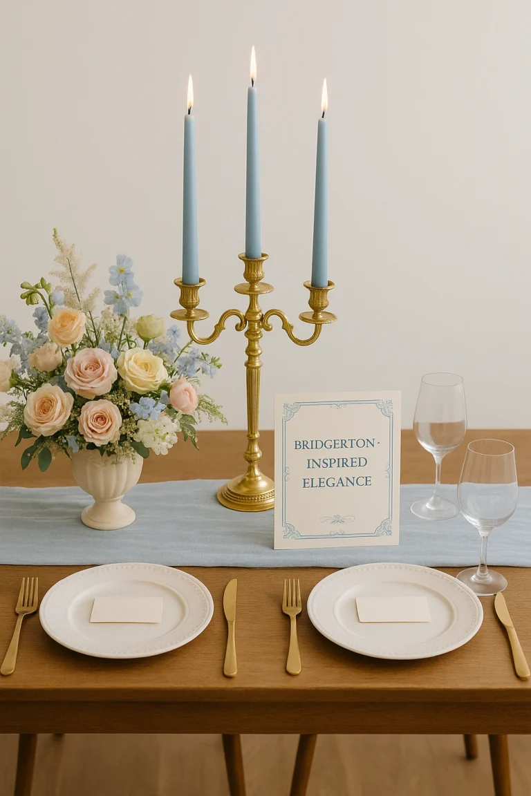 Elegant Bridgerton-style table setup with pastel florals, gold candelabra, blue candles, soft blue table runner and classic white dinnerware with gold cutlery, ideal for vintage tea parties and bridal showers.