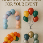 A stylish photograph featuring four realistic balloon arrangements against a soft beige wall, showcasing pastel, primary, warm, and metallic colour schemes. The elegant, serif-font text at the top reads “Tips for Choosing Balloon Colours for Your Event,” providing a visually appealing guide for event decor inspiration.