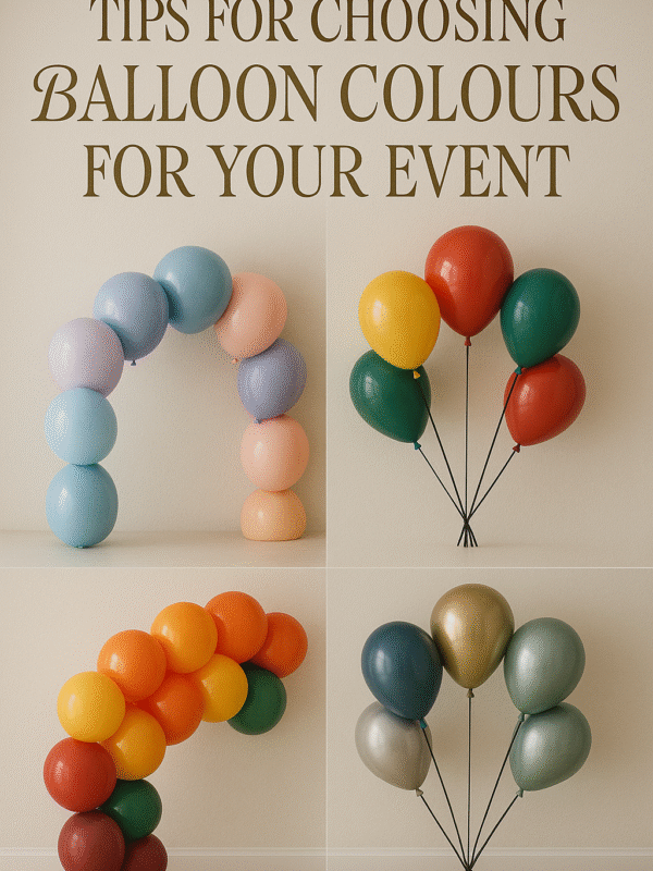 A stylish photograph featuring four realistic balloon arrangements against a soft beige wall, showcasing pastel, primary, warm, and metallic colour schemes. The elegant, serif-font text at the top reads “Tips for Choosing Balloon Colours for Your Event,” providing a visually appealing guide for event decor inspiration.