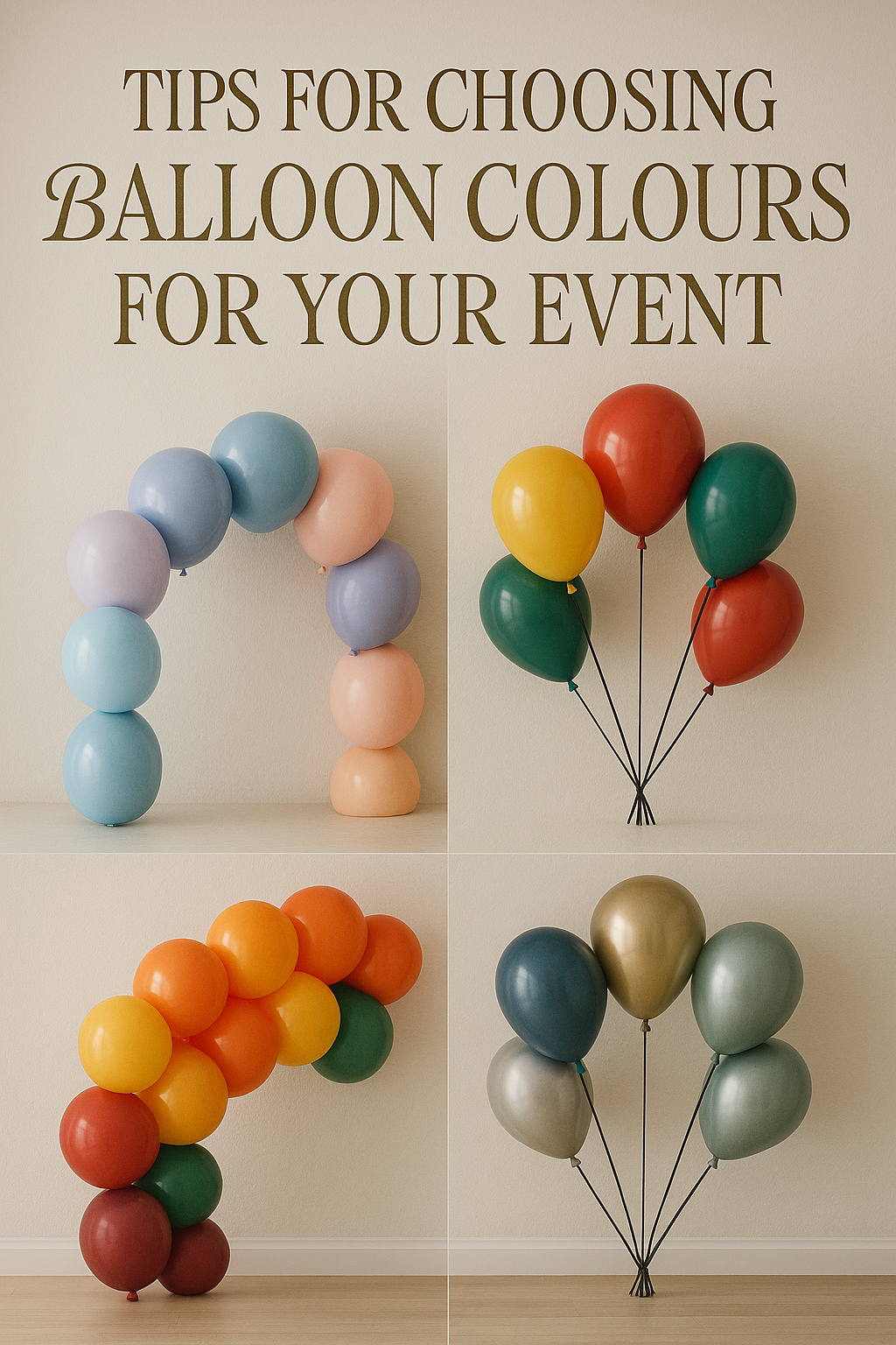 A stylish photograph featuring four realistic balloon arrangements against a soft beige wall, showcasing pastel, primary, warm, and metallic colour schemes. The elegant, serif-font text at the top reads “Tips for Choosing Balloon Colours for Your Event,” providing a visually appealing guide for event decor inspiration.