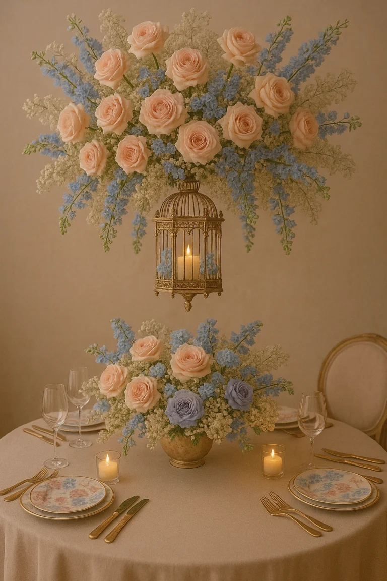 A whimsical event table setup featuring cascading blush roses, baby’s breath, soft blue delphiniums, and subtle greenery, with a vintage gold birdcage chandelier and elegant tableware, styled in a romantic, fairytale-inspired theme.