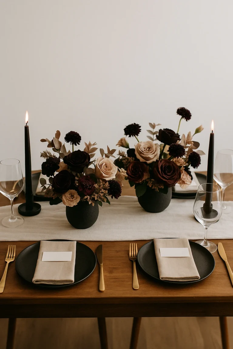Brightly styled table for an intimate dinner party featuring moody floral centrepieces, a soft runner, gold cutlery, and monochrome place settings with wine glasses and black taper candles.