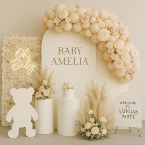 Large layered backdrop with gold personalised signage, opulent balloon garlands, textured florals, LED neon sign, teddy cutout, display plinths and entrance sign, designed for luxury events and venue takeovers.