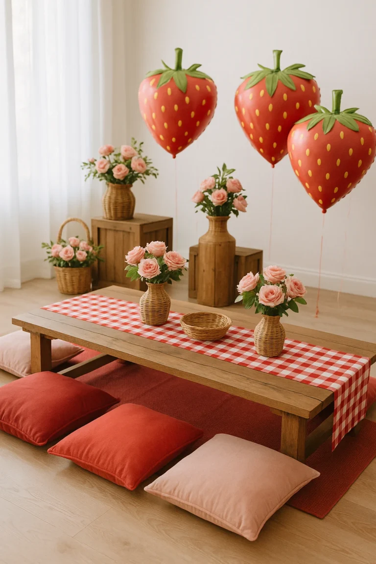 Cosy strawberry-themed indoor party setup with gingham table runner, wicker vases of blush roses, strawberry balloons, red and blush cushions, and wooden crates for rustic charm.