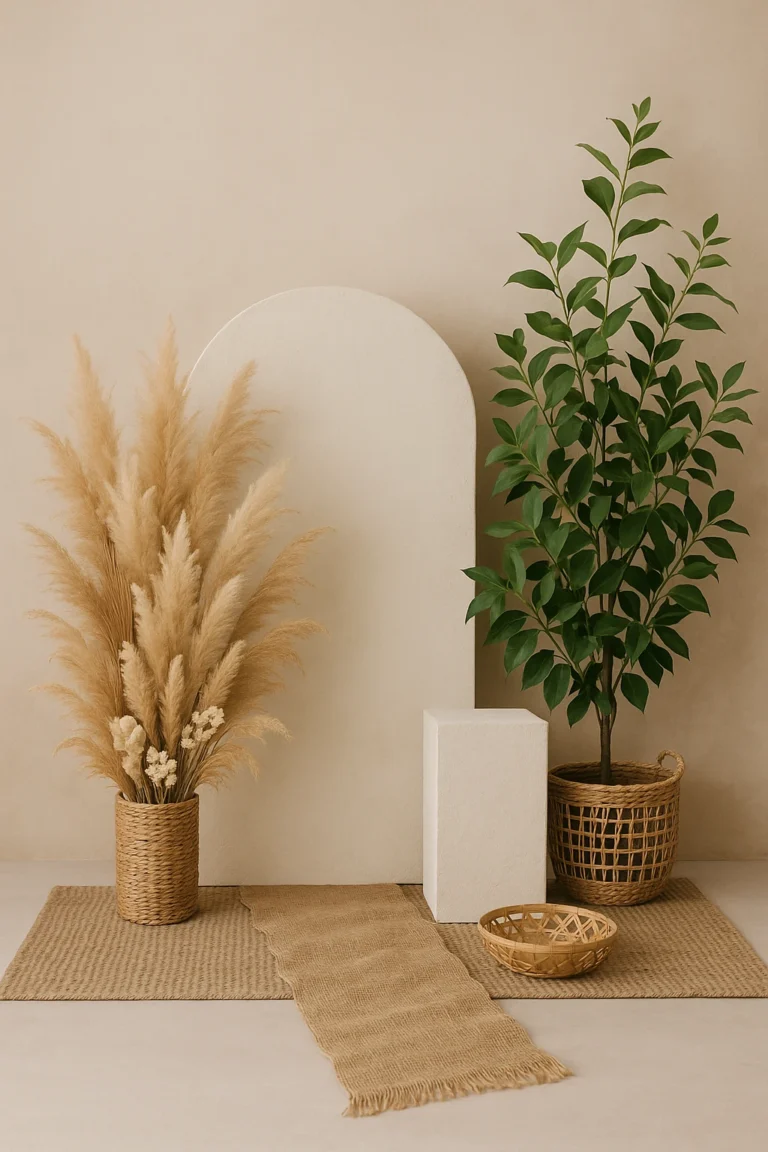 Eco-conscious setup with pampas grass, eucalyptus, woven baskets, jute runner and earthy textures, styled in front of a neutral plaster arch and soft beige wall.